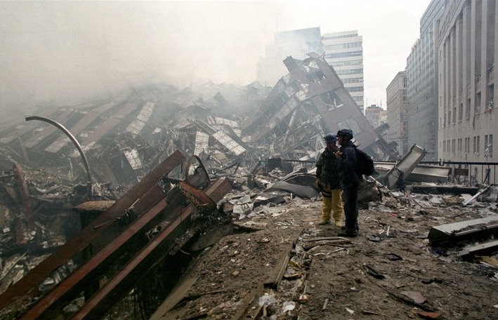 First responders searching amid the wreckage at Ground Zero on September 14, 2001