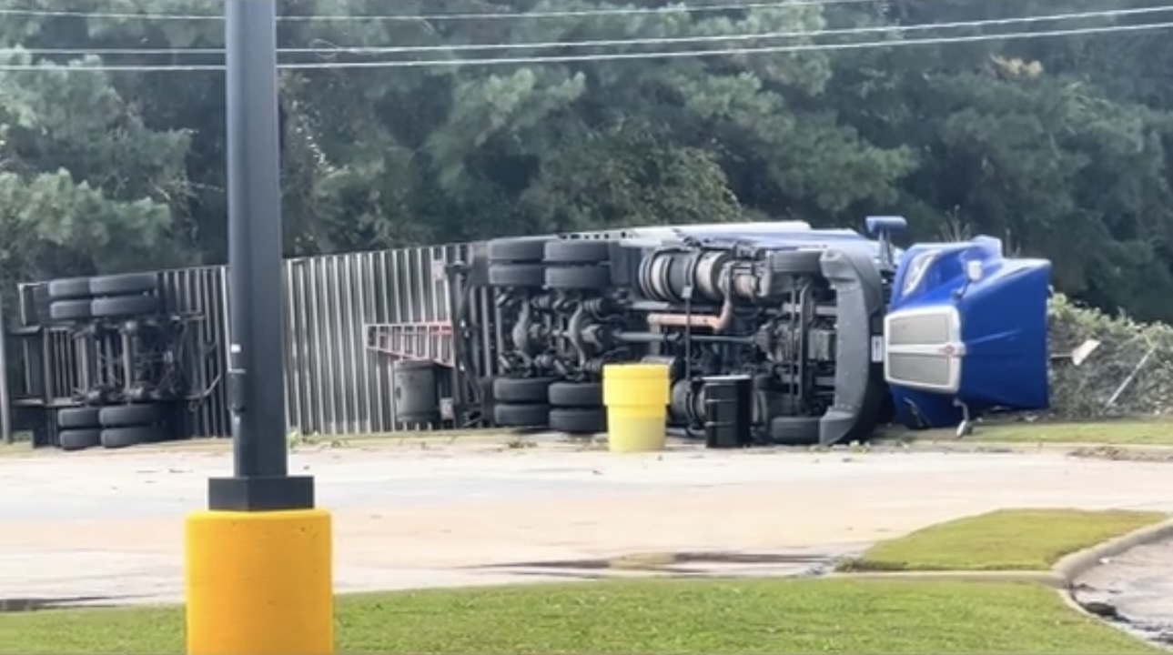 An overturned tractor-trailer in Fayetteville, North Carolina