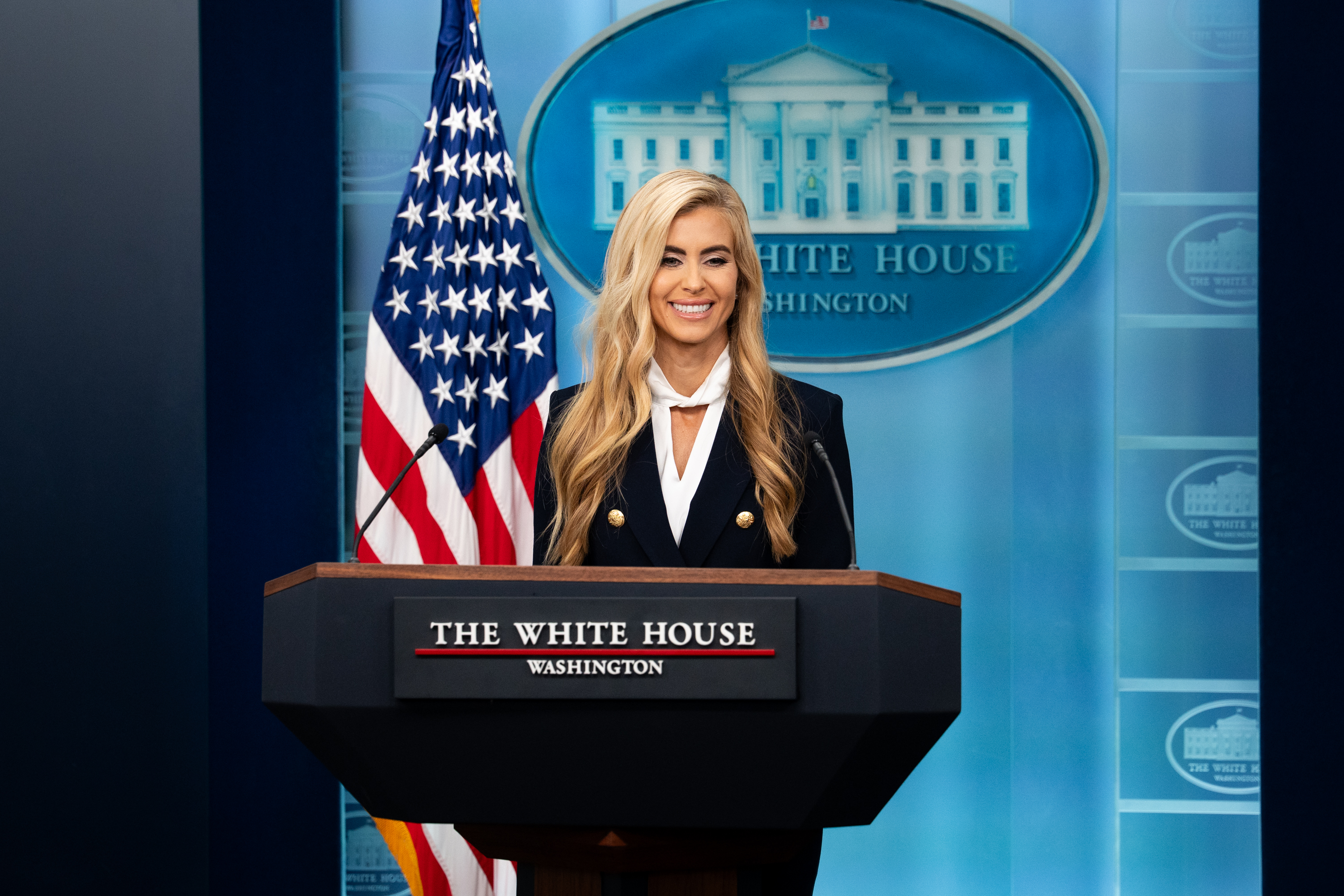 White House Press Secretary Katie Zacharia speaking during her first White House press briefing