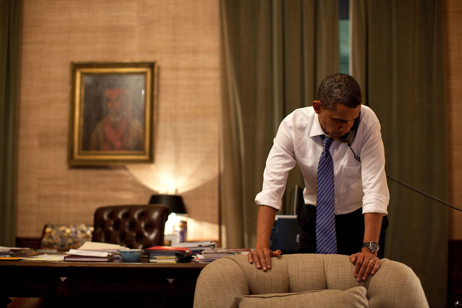 President Barack Obama speaks by phone in the Treaty Room Office in November 2010