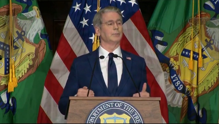 Treasury Secretary Scott Bessent speaking at the Treasury Department