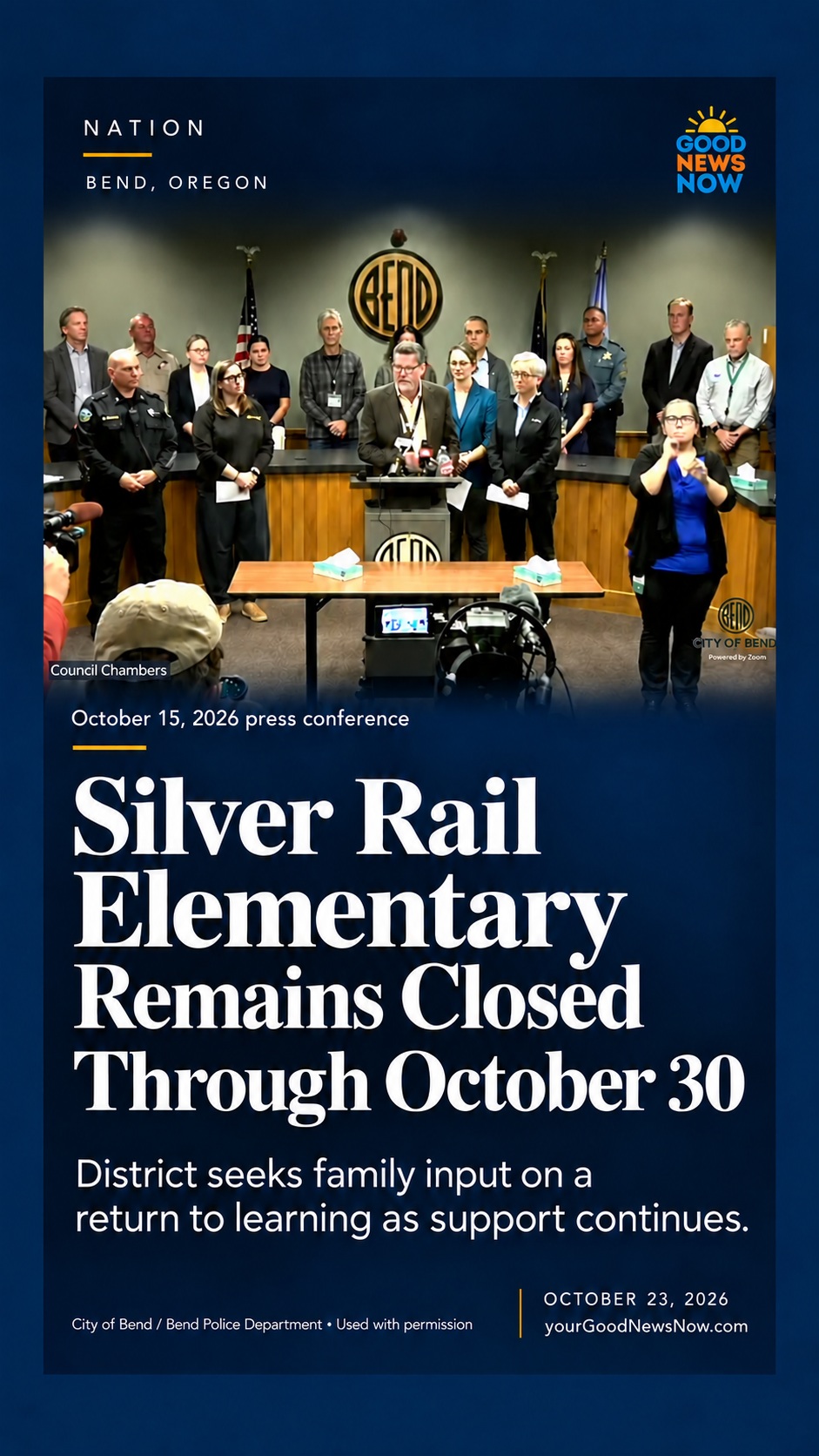 Good News Now graphic about Silver Rail Elementary remaining closed through October 30