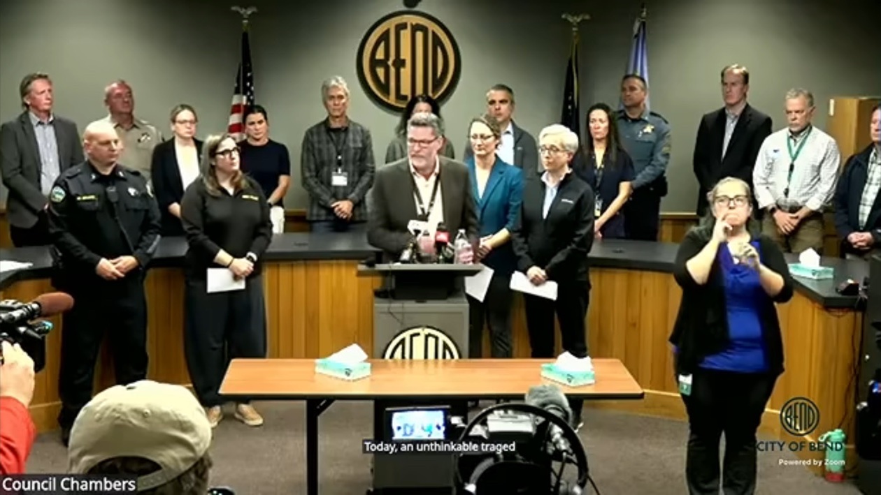 City, school and state officials gathered during the October 15, 2026 press conference in Bend, Oregon