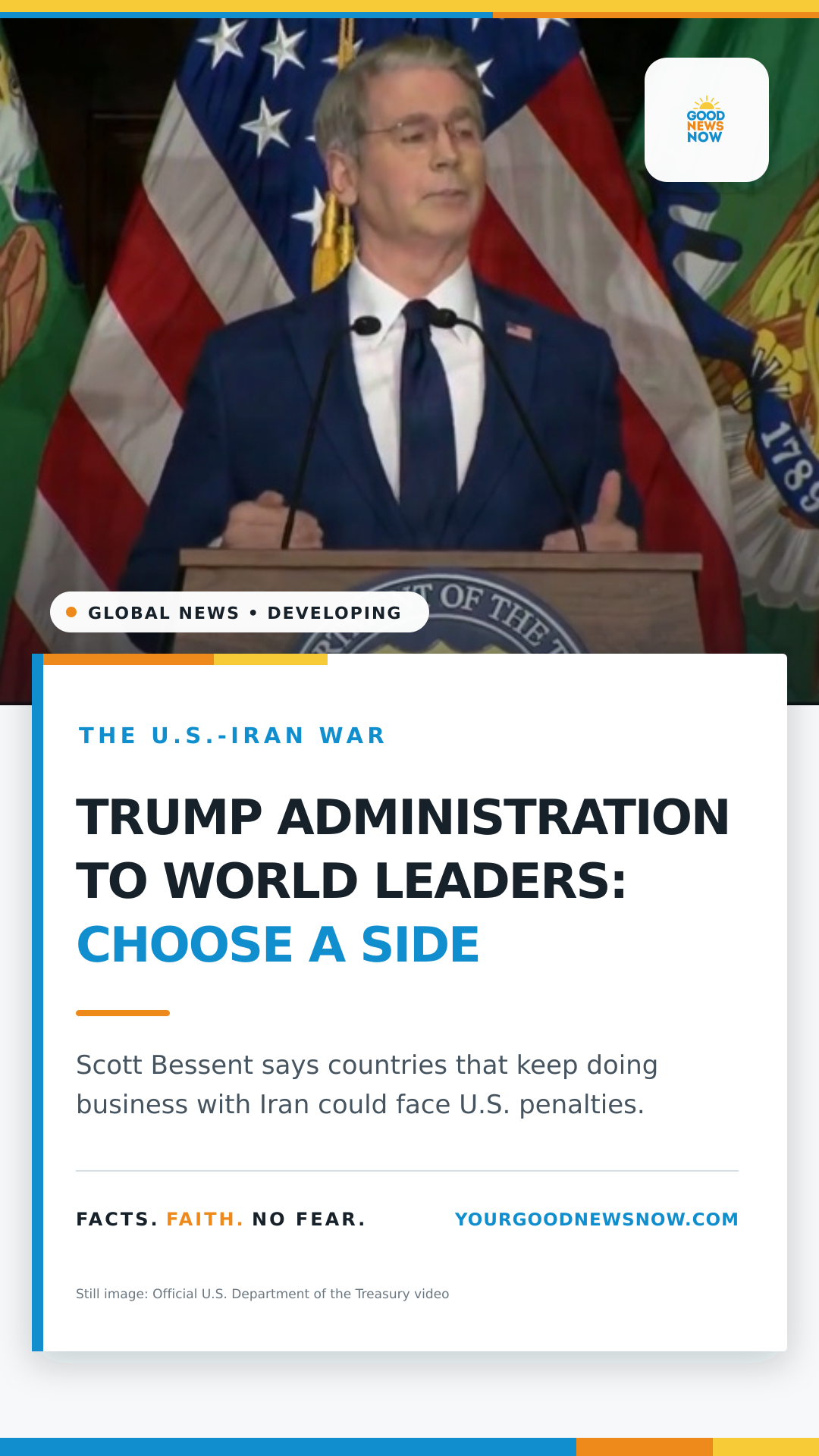 Good News Now graphic: Trump administration to world leaders, choose a side